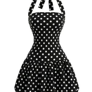 Black 1960s Polka Dot Halter Bubble Dress
