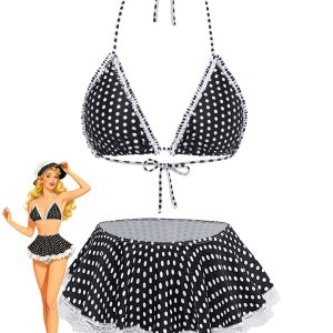 Black 1960s Polka Dot Lace Halter Bikini Set