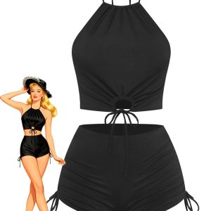 [Pre-Sale] Black 1960s Solid Halter Ruched Bikini Set