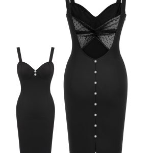 [Pre-Sale] Black 1960s Solid Pearl Buttons Suspender Dress