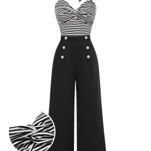 Black 1960s Stripe Knit Patchwork Halter Jumpsuit