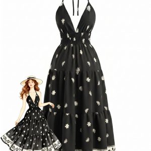 Black 1970s Bohemian Halter Backless Maxi Dress