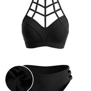 [Pre-Sale] Black 1970s Caged Halter Gothic Cutout Bikini Set