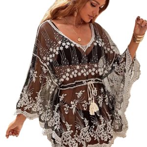 Black 1970s Embroidered Mesh Cover-Up