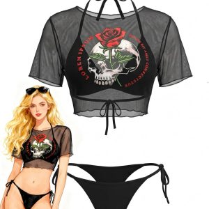 Black 1970s Gothic Skull Rose Mesh Tie Bikini Set & Cover-Up