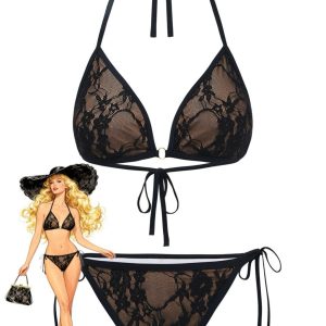 Black 1970s Halter Floral Lace Bikini Set