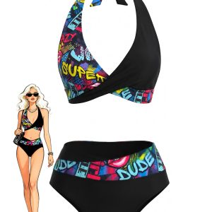 Black 1970s Halter Graffiti Print Patchwork Swimsuit