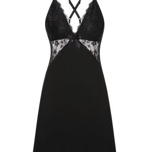 Black 1970s Lace Patchwork Spaghetti Straps Nightgown