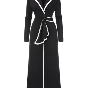 Black 1970s Lapel Color Block Belted Jumpsuit