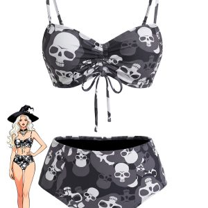Black 1980s Gothic Skull Printed Drawstring Bikini Set