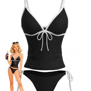 Black 1980s Contrast Trim Bow Tankini Set
