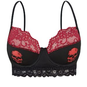 Black 1980s Gothic Skull Lace Patchwork Crop Top