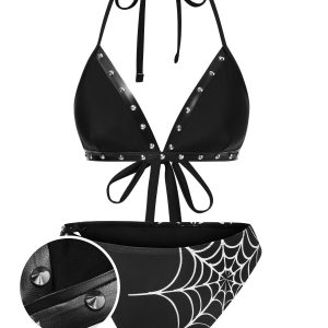 Black 1980s Gothic Spider Web Rivets Bikini Set