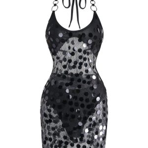 Black 1980s Halter Backless Sequin Mesh Cover-Up
