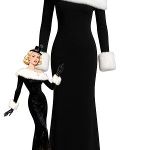 Black 1980s Off-Shoulder Fur Trim Dress