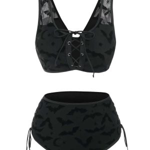 Black 1980s Strap Bat Mesh Gothic Bikini Set