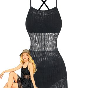 Black 1980s Crochet Crisscross Sleeveless Knit Swim Dress