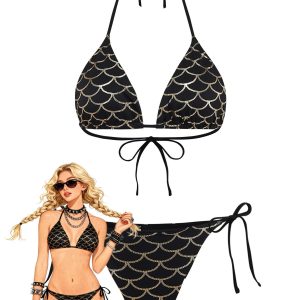 Black Gold 1970s Halter Mermaid Scale Bikini Set