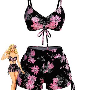 Black & Pink 1940s Floral Print Drawstring Bikini Set
