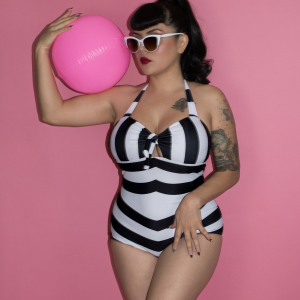 Black & White 1950s Barbie Stripes Halter Swimsuit