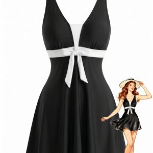 Black & White 1950s Colorblock Bow Tankini Set