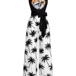 Black & White 1970s  Pocketed Palm Tree Skeleton Surfer Jumpsuit