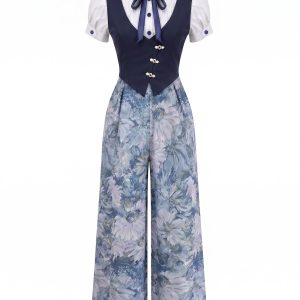 [Pre-Sale] Blue 1930s Faux 3PCS Bow Floral Jumpsuit