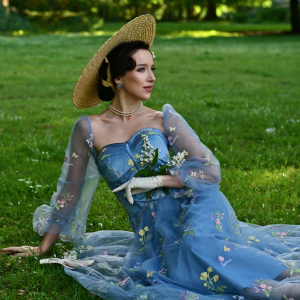 Blue 1930s Floral Embroidered Mesh Long Sleeve Dress