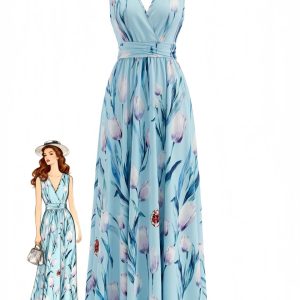 Blue 1930s Floral V-Neck Maxi Dress