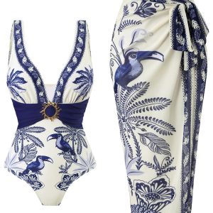 Blue 1930s Flower & Bird One-Piece Swimsuit & Cover-Up