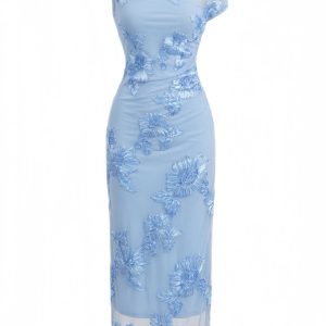 Blue 1930s One-Shoulder Floral Embroidered Mermaid Dress