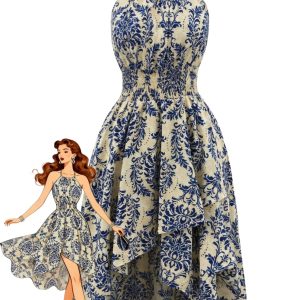 Blue 1940s Floral Bind Halter Dress