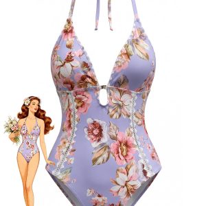Blue 1940s Floral Lace Trim Halter One-Piece Swimsuit