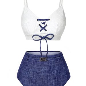Blue 1940s Lace-Up Halter Faux Denim Bikini Set
