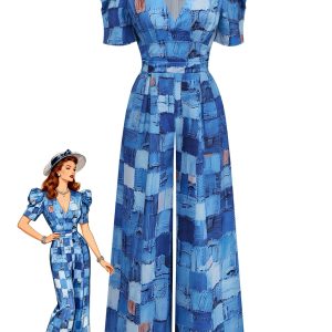 Blue 1940s Patchwork Puff-Sleeve V-Neck Jumpsuit
