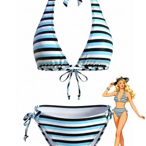 Blue 1940s Stripe Halter Tie-Up Tankini Set