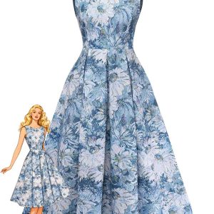 Blue 1950s All-Over Oil Painting Floral Sleeveless Dress