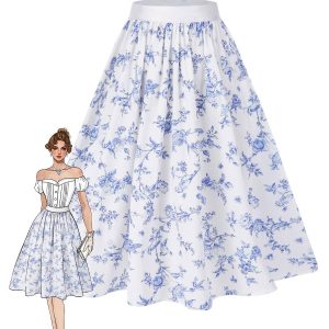 Blue 1950s Blue & White Porcelain Floral Skirt
