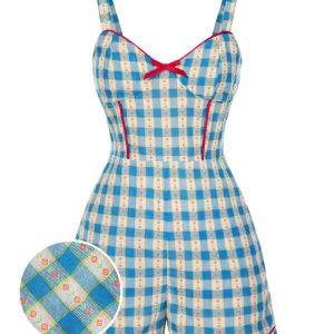 Blue 1950s Bow Gingham Plaid Floral Romper