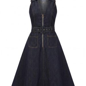 [Pre-Sale] 1970s Lapel Deep-V Denim Cotton Belted Dress