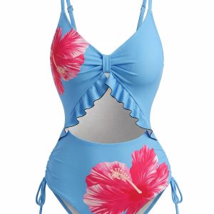 Blue 1950s Floral Print Cutout Ruffle One-Piece Swimsuit