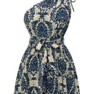 Blue 1950s Floral Print One Shoulder Romper