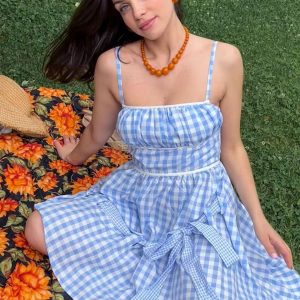Blue 1950s Spaghetti Strap Plaids Bow Decor Dress