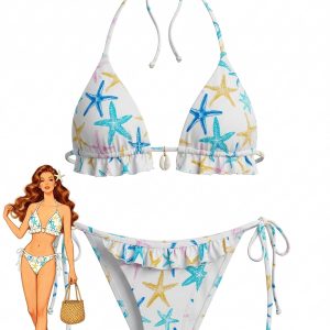 Blue 1950s Starfish Print Halter Ruffled Bikini Set