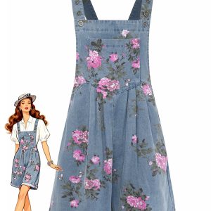 Blue 1960s Denim Floral Pocket Wide Strap Romper
