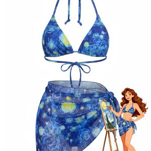 Blue 1960s Starry Night Halter Bikini Set & Cover Up
