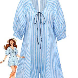 Blue 1960s V-Neck Stripe Loose Tie-Front Romper