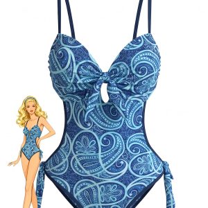 Blue 1970s Boho Paisley Print Cutout One-Piece Swimsuit