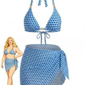 [Plus Size] 3PCS Blue 1970s Halter Geometric 3D-Cube Bikini Set & Cover Up