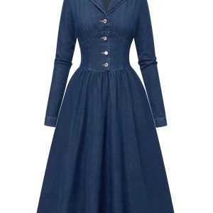 Blue 1970s Notched Collar Long Denim Dress